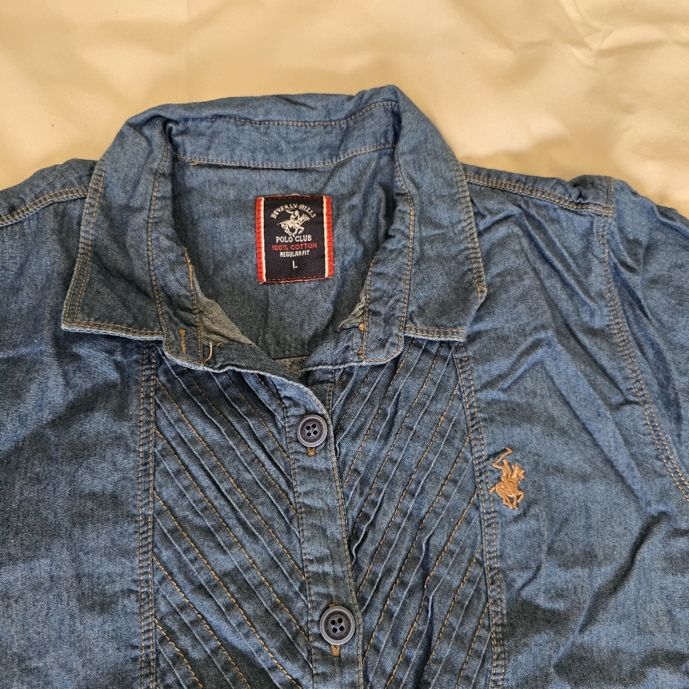 Beverly Hills Polo Club 100%cotton Blue Regular Fit Large Button Up Short Sleeve - Picture 5 of 11